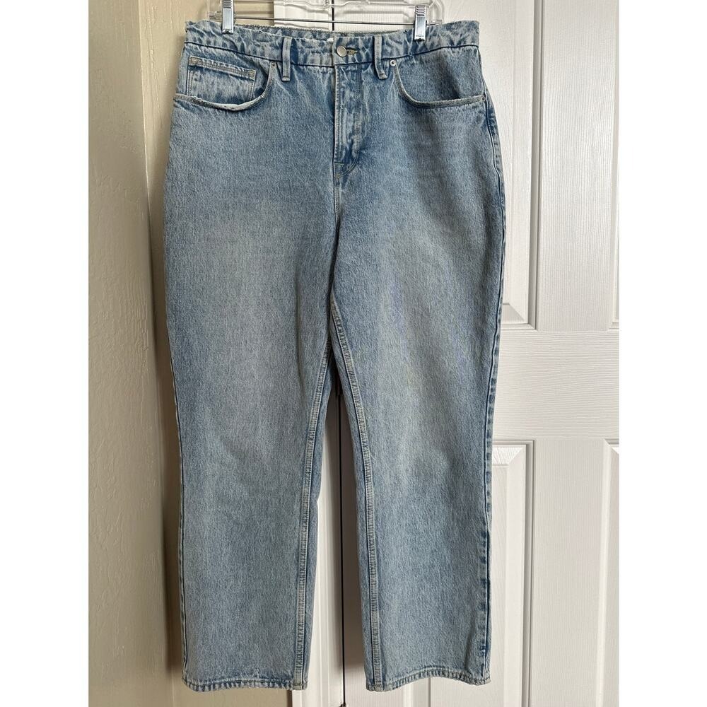 GOOD AMERICAN Blue Straight Leg Jeans‎ Light Wash Distressed Women's Size 14 32